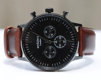 Personalised Engraved Watch for Men, Architect Motivator Black Face Brown Leather Strap, Personalied Gift Dad, Birthday, Husband Anniversary