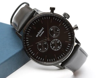 Personalised Engraved Men's Leather Watch - Architect Motivator Black Leather Strap | Personalized Gift Dad, Birthday, Husband Wedding
