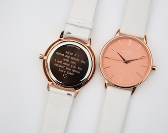 Ladies Personalized Engraved Watch | Personalised Watch with White Leather Strap and Coral Face