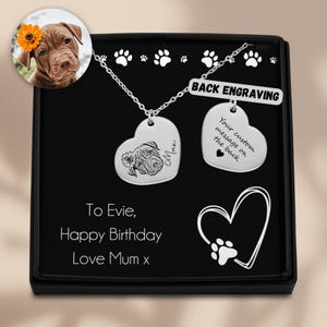 Pet Portrait Heart Necklace - Loss of Dog Necklace, Pet Engraved Jewellery, Silver, Rose Gold, Gold, Pet Lover Gift