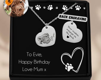 Pet Portrait Heart Necklace - Loss of Dog Necklace, Pet Engraved Jewellery, Silver, Rose Gold, Gold, Pet Lover Gift