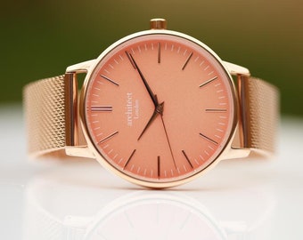 Personalisierte Damenuhr mit Gravur | Personalisierte Armbanduhr mit Rosegold & Koralle
