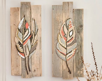 Feather wall art, Custom made mosaic on wood, Feather art set, Feather painting, Mosaic wall art set, Feather mosaic, Wood wall art