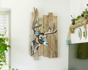 The Deer Wall Decor, Modern Deer Art, Mosaic Tile Wall Art, Mosaic Deer, Faux Deer Head, Animal Wood Wall Art, Large Wall Art
