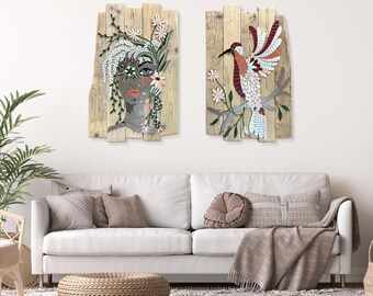 Mozaïek Kunst aan de Muur, Ingelijste Hout Kunst, Rustieke Hout Wall Art, Interieur Decor, Grote Mozaïek Muur Opknoping, Kleurrijke Boho Wall Art, Hout Muur opknoping