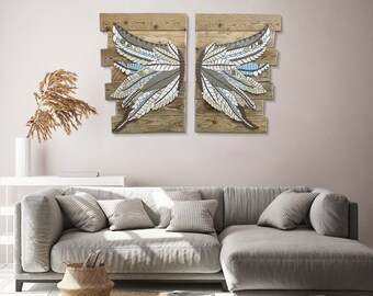 Angle wings wall decor / Mosaic wall art / Large wooden art