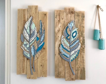 Mosaic wall art / 2 piece wall decor / Boho art hanging / Feather painting