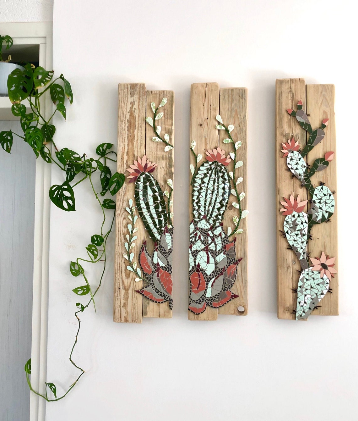 3 Piece wall art / Cactus painting / Mosaic wall art / Mosaic Etsy