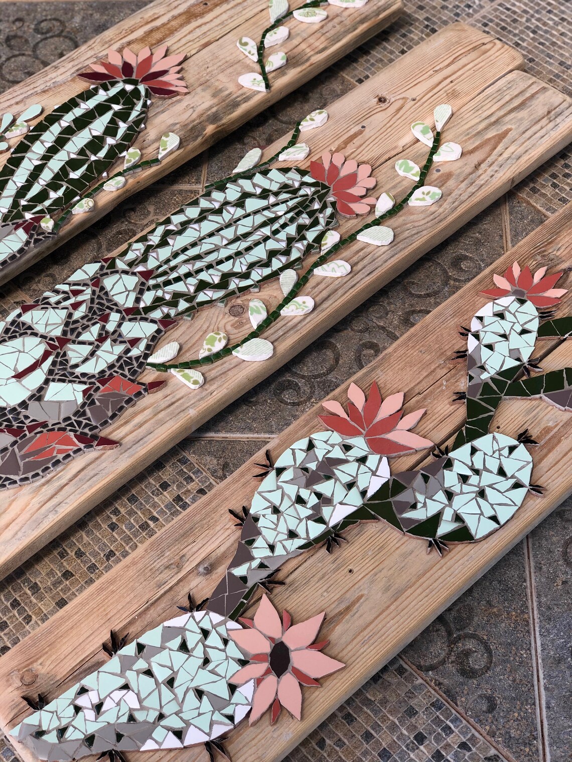 3 Piece wall art / Cactus painting / Mosaic wall art / Mosaic Etsy
