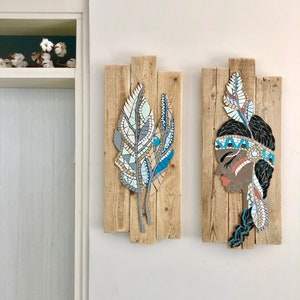 Turquoise Mosaic Feather Wall Art, Mosaic Feather Painting On Wood, Framed Boho Wall Art, Boho Mosaic Painting, Native Wall Decor image 5