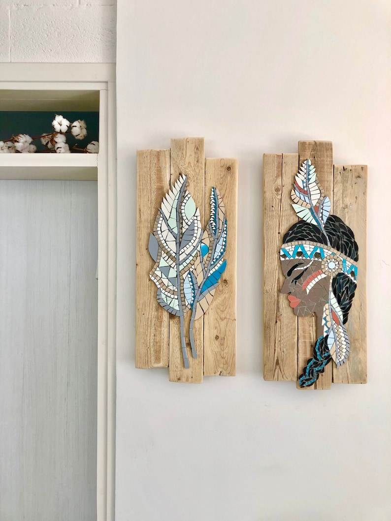 Turquoise Mosaic Feather Wall Art, Mosaic Feather Painting On Wood, Framed Boho Wall Art, Boho Mosaic Painting, Native Wall Decor image 5