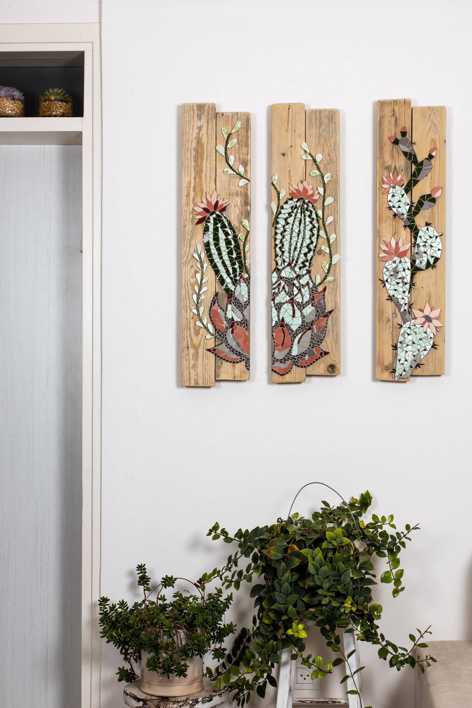 3 Piece wall art / Cactus painting / Mosaic wall art / Mosaic Etsy