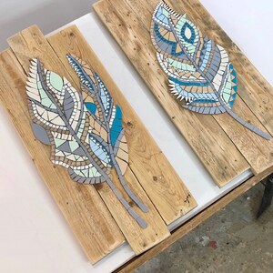 Turquoise Mosaic Feather Wall Art, Mosaic Feather Painting On Wood, Framed Boho Wall Art, Boho Mosaic Painting, Native Wall Decor image 3