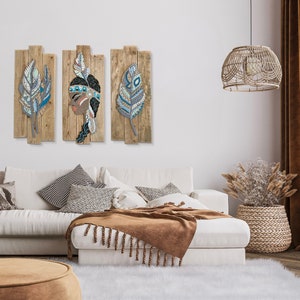 Turquoise Mosaic Feather Wall Art, Mosaic Feather Painting On Wood, Framed Boho Wall Art, Boho Mosaic Painting, Native Wall Decor image 4