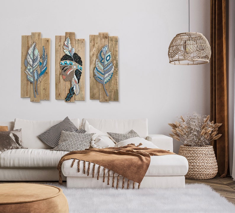Turquoise Mosaic Feather Wall Art, Mosaic Feather Painting On Wood, Framed Boho Wall Art, Boho Mosaic Painting, Native Wall Decor image 4