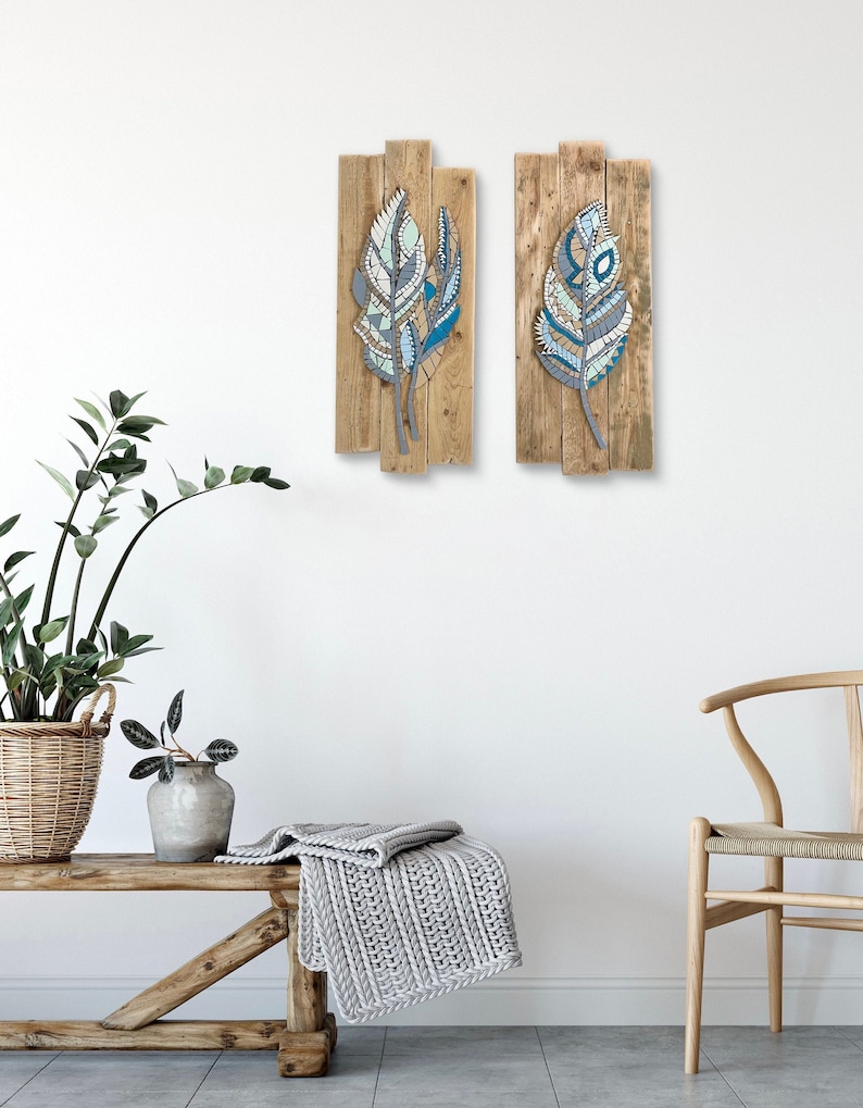 Turquoise Mosaic Feather Wall Art, Mosaic Feather Painting On Wood, Framed Boho Wall Art, Boho Mosaic Painting, Native Wall Decor image 2