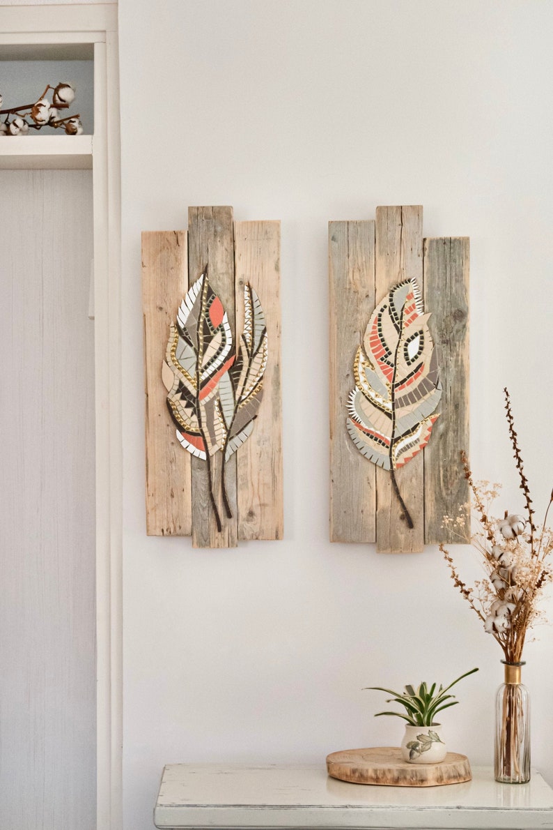Turquoise Mosaic Feather Wall Art, Mosaic Feather Painting On Wood, Framed Boho Wall Art, Boho Mosaic Painting, Native Wall Decor image 9