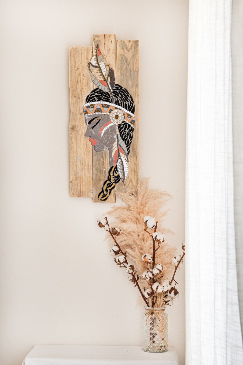Turquoise Mosaic Feather Wall Art, Mosaic Feather Painting On Wood, Framed Boho Wall Art, Boho Mosaic Painting, Native Wall Decor image 10