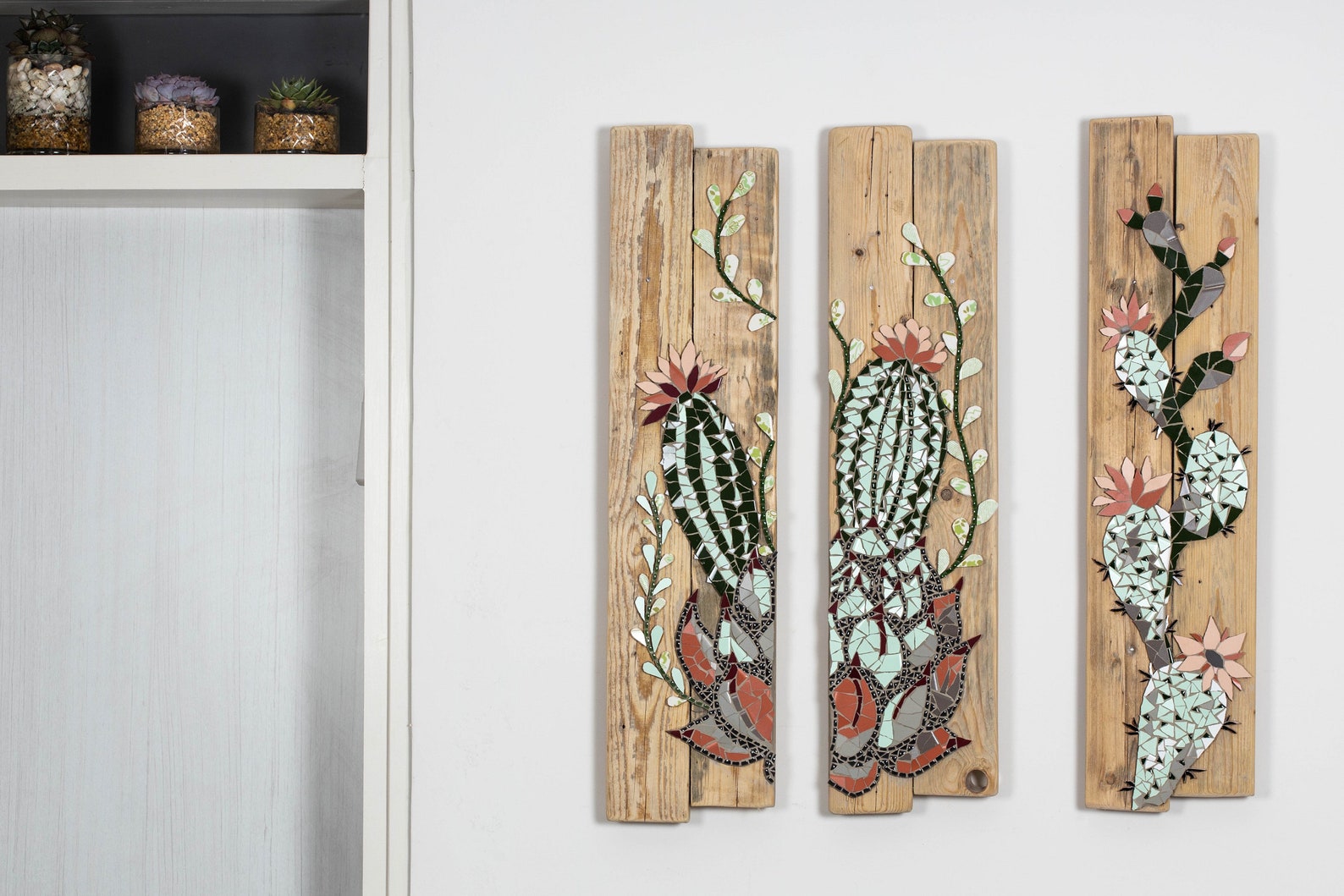3 Piece wall art / Cactus painting / Mosaic wall art / Mosaic Etsy