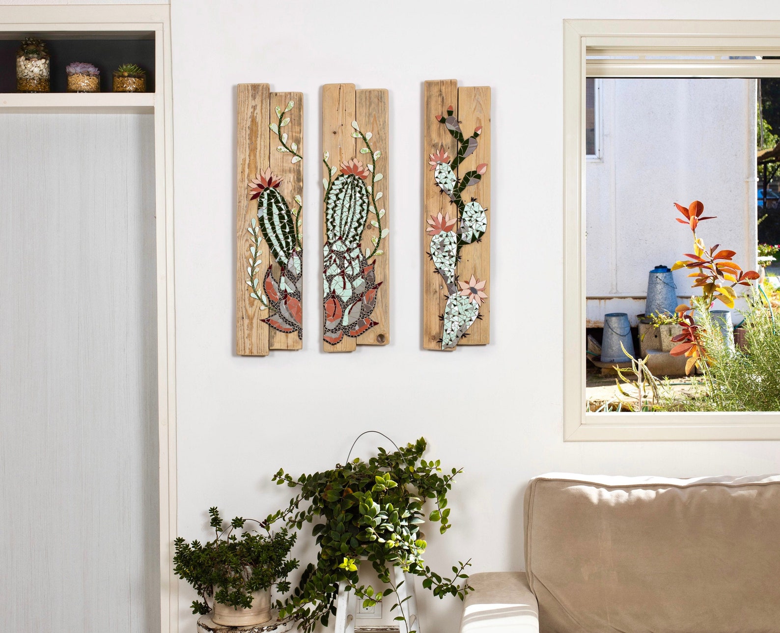 3 Piece wall art / Cactus painting / Mosaic wall art / Mosaic Etsy