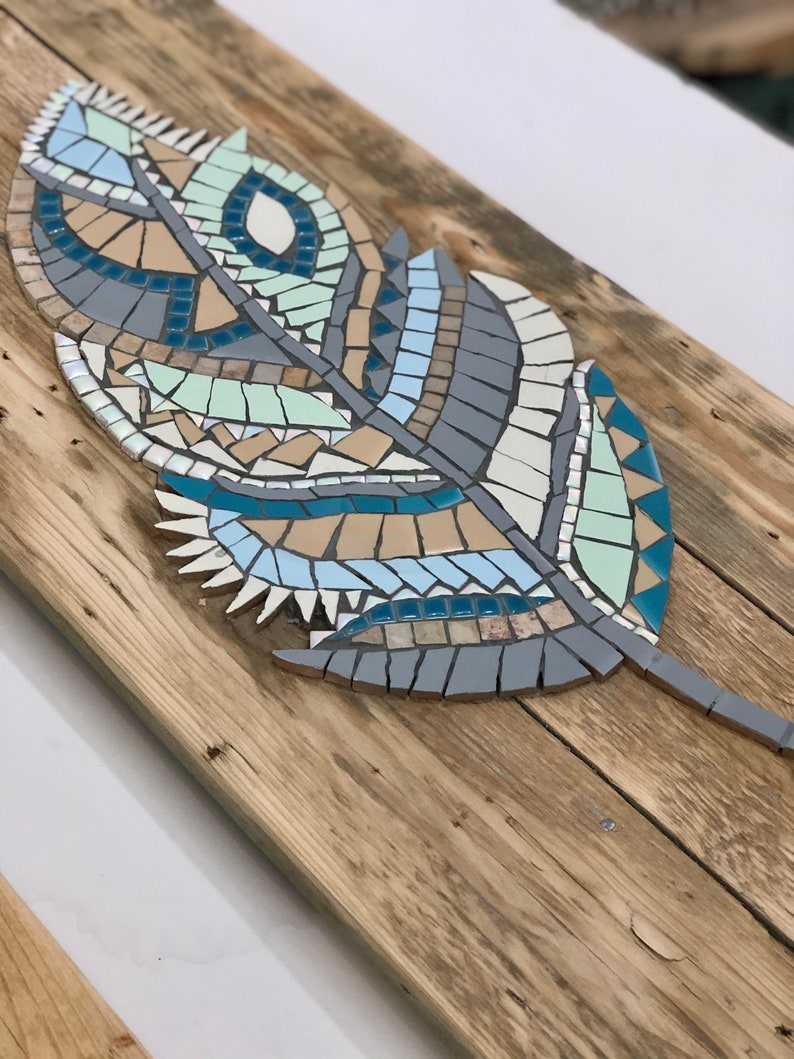 Turquoise Mosaic Feather Wall Art, Mosaic Feather Painting On Wood, Framed Boho Wall Art, Boho Mosaic Painting, Native Wall Decor image 1