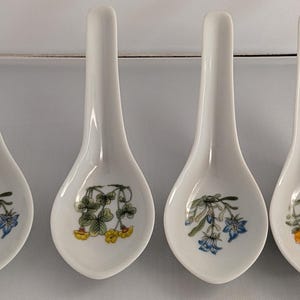 Peut inclure: Un ensemble de six cuillères à soupe en céramique blanche disposées en rangée. Chaque cuillère présente une petite illustration botanique unique de fleurs colorées au centre, avec des motifs rouges, bleus, jaunes et roses sur une finition brillante.