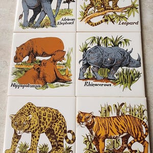 May include: A collection of six square ceramic tiles, each displaying a different African animal illustration. The set includes an elephant, leopard, hippopotamus, rhinoceros, jaguar, and tiger, with the animal's name printed below.