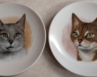 Assiettes vintage Schumann Arzberg à motif chat, lot de 2, porcelaine de Bavière, Allemagne, 18,4 cm (7,25 pouces).