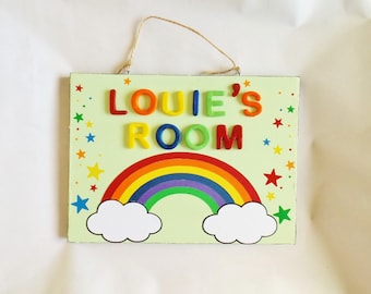 Rainbow Stars Name Plaque Custom Colourful Kids Bedroom Nursery Sign Decor Personalised Childrens Gift