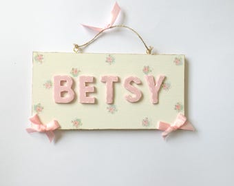 Shabby Chic Pink Rose Floral Name Plaque Bedroom Door Sign Personalised Childrens Girls Gift