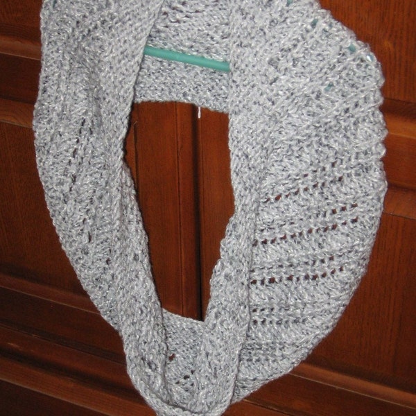 Light Grey Spiral Cowl Scarf - hand knit with diagonal lace pattern in garter stitch border