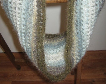 Lightweight Mohair Cowl Scarf Hand Knit in lacy glitter variegated blues and grays