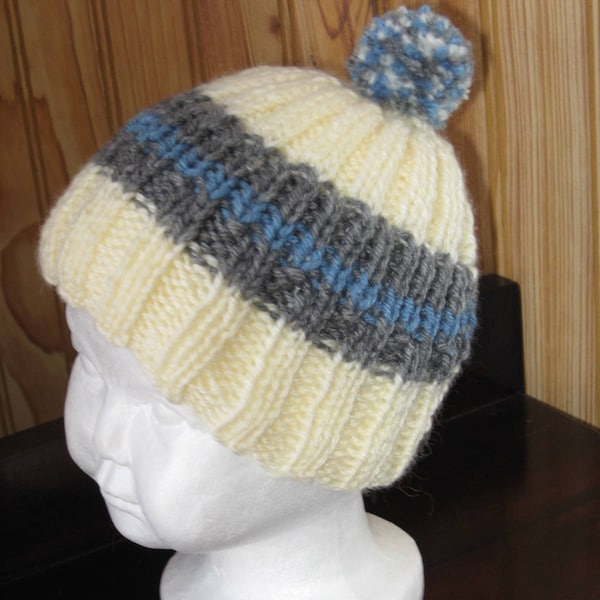 Baby Ribbed Hat with Pompom - Hand Knit - Aran White with Gray and Blue Stripe and Multicolor Pompom