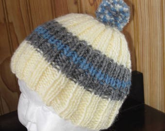 Baby Ribbed Hat with Pompom - Hand Knit - Aran White with Gray and Blue Stripe and Multicolor Pompom