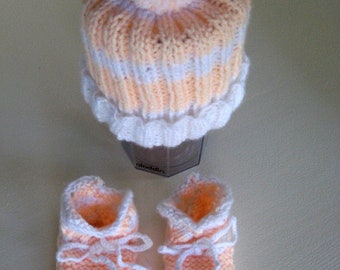 Light Tangerine and White Striped Baby Hat and Booties Set - size Newborn to 3 Months - 100% Acrylic yarn - Hand Knitted