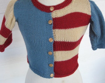 Cardigan Sweater - Button Front - Sized for Girl Age 1 year - Hand Knit - Solids & Stripes Pattern - Dusty Blue, Brick Red and Beige colors