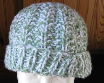 Hand Knit Unisex Beanie Hat - Sage Green and Creamy White - Child's Size