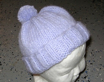 Baby Ribbed Hat with Pompom - Hand Knit - Lilac color with Pompom