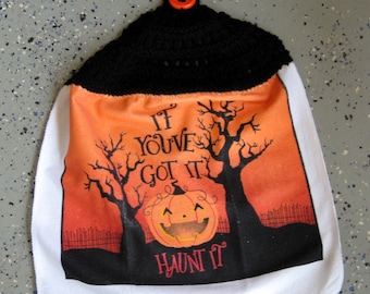 Halloween Hanging Polyester Kitchen Towel With Hand Knit Top And Button Closure - single thickness