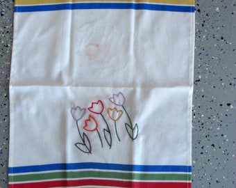 Hand Embroidered tulips - 100% cotton white with colored stripes retro flour sack dish towel