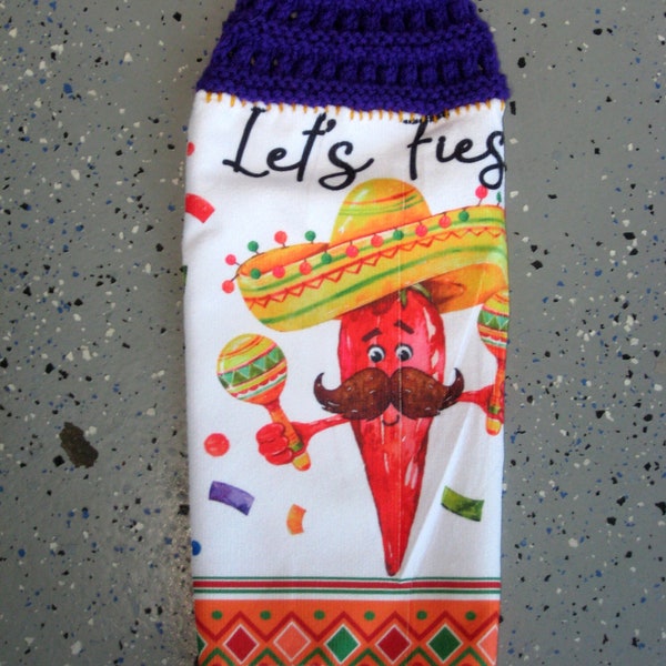 Cinco de Mayo hanging microfiber kitchen towel with button closure - single thickness - 16-1/2" x 12" towel - "Let's Fiesta"