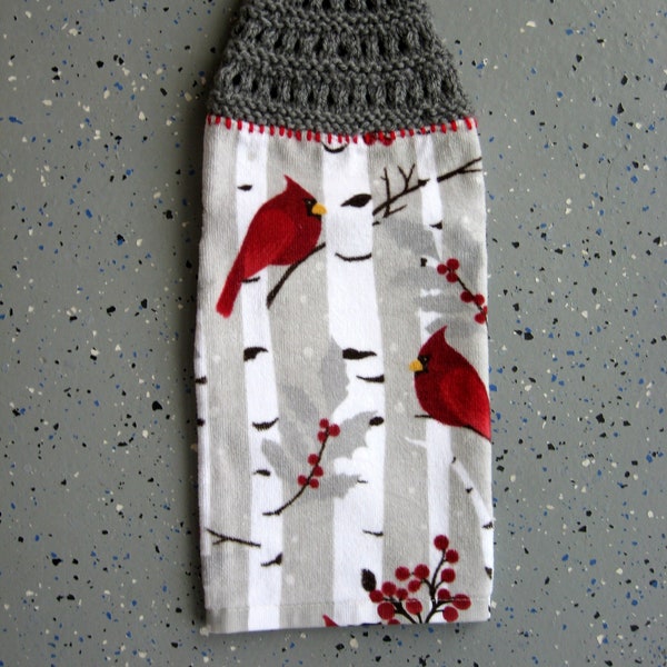 Winter theme hanging terry kitchen towel-- hand knit top with button closure - single thickness - red cardinals