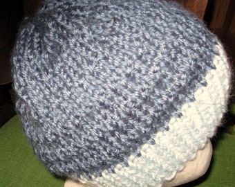 Baby Textured Hat - Unisex - Hand Knit -  light blue ribbed cuff and steel blue textured body