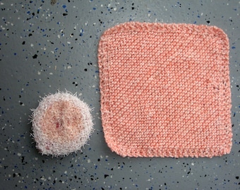 Dishcloth and Scrubby Set - Hand Knit - Peach and White colors