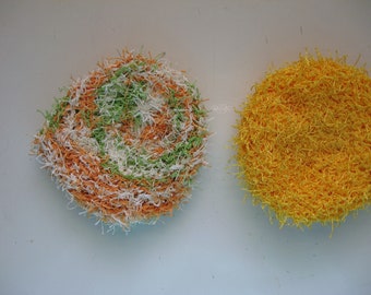 Kitchen Scrubbys - Set of 2 - hand knit polyester yarn - 4 inches round -solid yellow & orange, lime green and white variegated