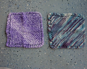 Set of Two (2) Hand Knit Cotton Dish Cloths in Purple and Variegated purple, blue and white - basic square 8-inch dishcloth