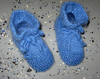 Baby Booties With Ties - Hand Knit - Blue