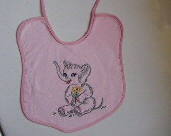 Vintage Style Baby Bib - Pink Bib with Hand Embroidered Elephant - Cotton Bib with Ties - 7" tall and 8" wide