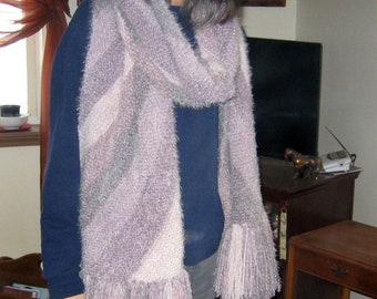 Hand Knit Wrap - Extra Long - fringed - stripes in Lavendar shades - knit on bias - Acrylic/Nylon blend very soft eyelash yarn - warm & cozy