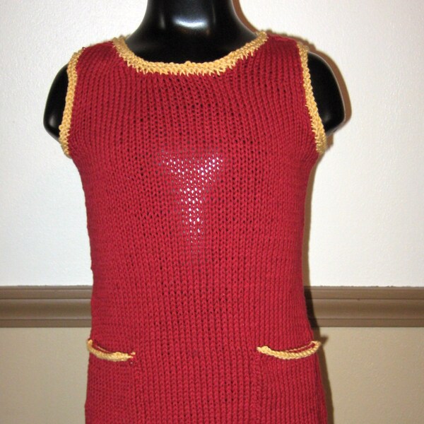 Red Cotton Jumper Dress with Gold Trim - Girl Child Size 3 - Hnd Knit